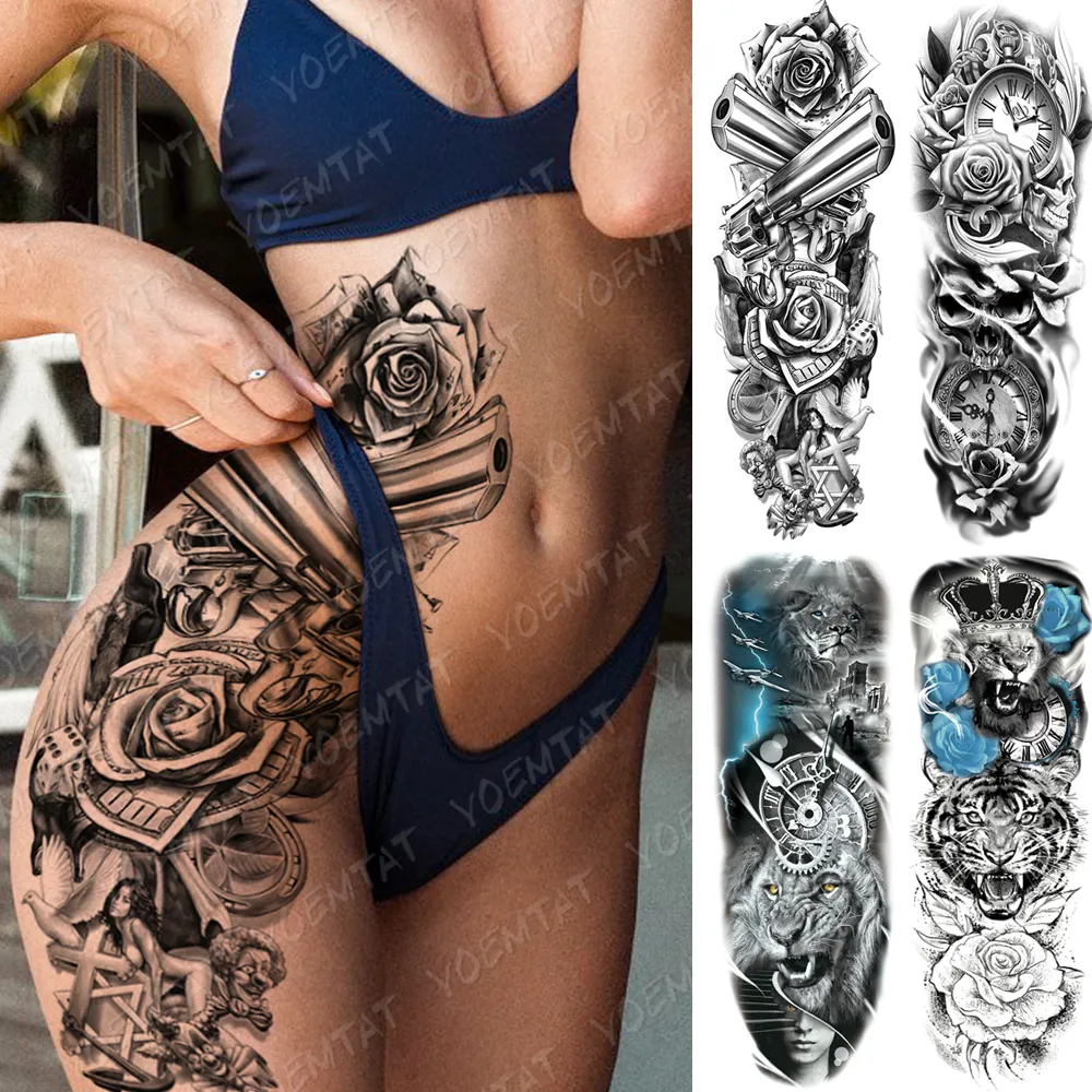 Tatuaggi temporanei Grande manica del braccio Tatuaggio Pistola Rosa Leone Adesivo impermeabile Orologio Fiore Vita Gamba Body Art Tatoo finto completo Donne 230606