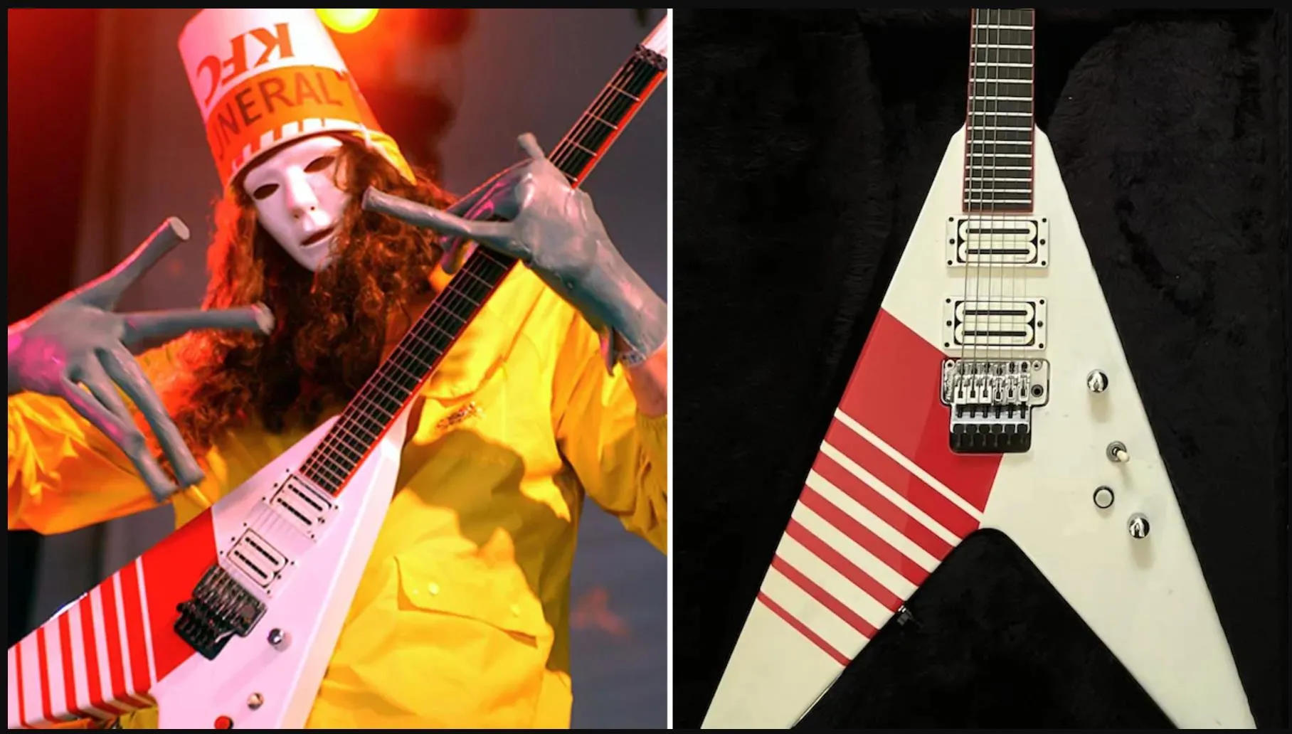 Jack Son Buckethead KFC V White Electirc Guitar Red KFC Stripes, Floyd Rose Tremolo System, Red Fingeroard Binding, Red Kill Switch, Chrome Hardware