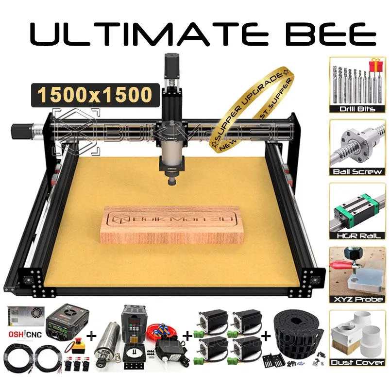 Joiners BulkMan 3D Black 1500x1500mm ULTIMATE Bee CNC Router Complete Kit Ball Screw Quiet Transmission 4 Axis Woodworking Machine