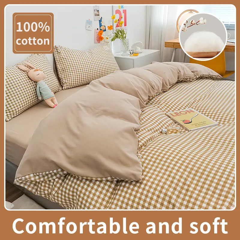 Bedding sets 100% Cotton Japanese Simple Style Duvet Cover Bedding Set With Plaid Stripe Skin Friendly Breathable 1 Duvet Cover 2 Pillowcase 230605