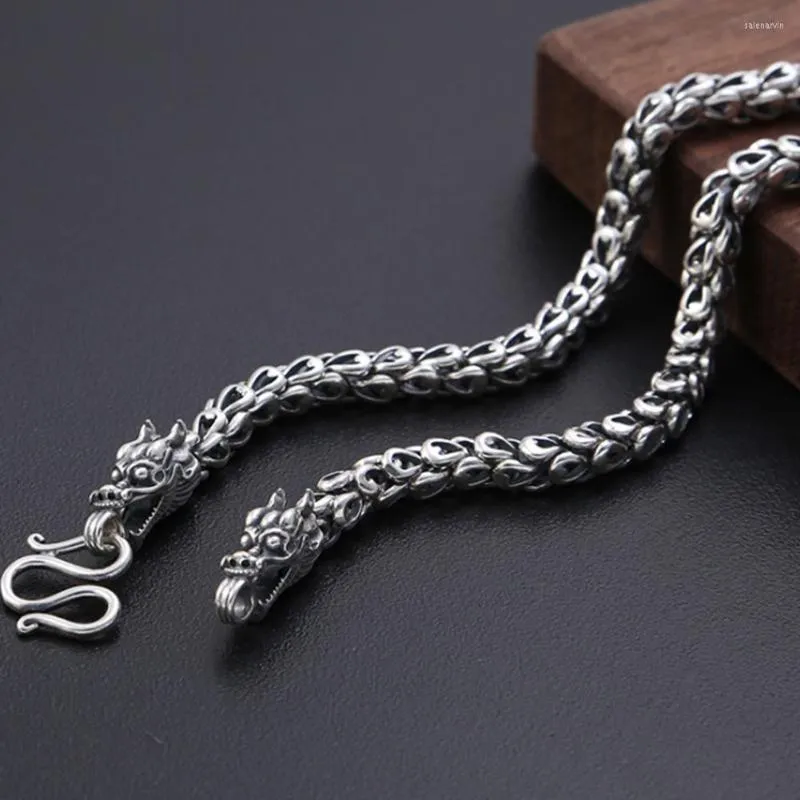 Catene Angolo di giada Collana in argento sterling 925 Personalità Drago cinese per uomo Retro Scala a doppia testa di drago