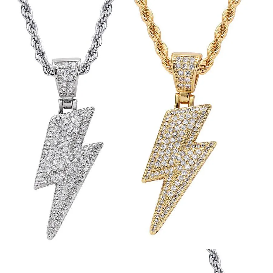 Collane con ciondolo Oro 18 carati Collana con fulmine flash Set di gioielli Diamante Cubic Zirconia Hip Hop Bling Per donna Uomo Acciaio inossidabile C Dhw67