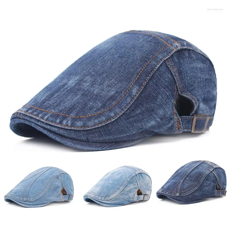 Basker mode cowboy justerbar denim basker hatt män kvinnor vår sommar retro platt sol mössor unisex åttkantig sboy jeans mössa