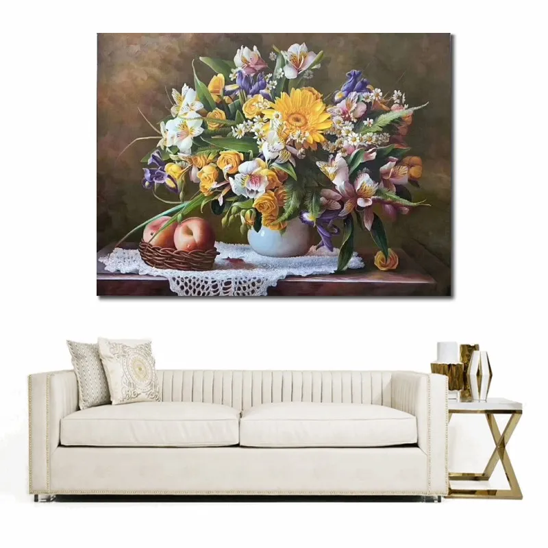 Fine Canvas Art Flower in Vase Handmade Realist Oil Painting Still Life Kitchen Contemporary Decor