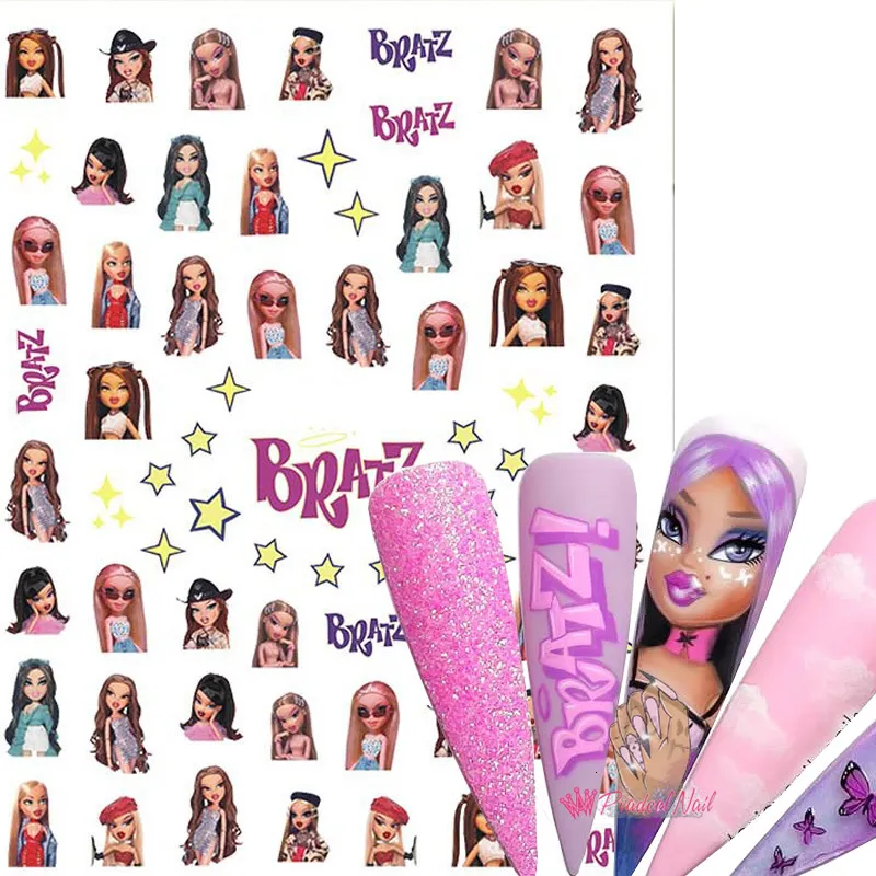 Adesivos Decalques 1 Folha Bratz Boneca 3D Unhas Autoadesivas Transfer Sliders Manicure Tip Wraps Foil Nails Decoração DIY 230606