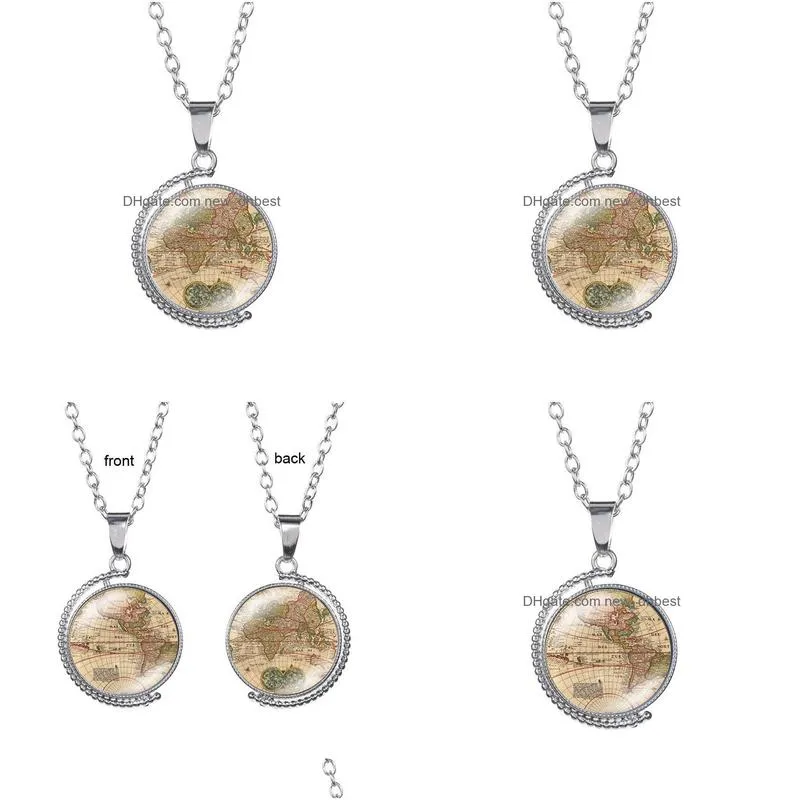 Naszyjniki wiszące mapa świata Ziemia czas Naszyjnik podwójny szklany szklany kabochono łańcuch obrotowy kobiet dziecięce biżuteria mody będzie dhnbx