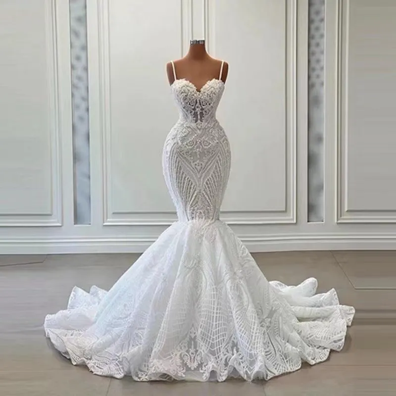 Strap Mermaid Wedding Dresses Illusion Full Spetsapplikationer Crystal Beading Bling Chapel Train 2023 Afrikansk arabisk charmig turkisk plus storlek Formella brudklänningar