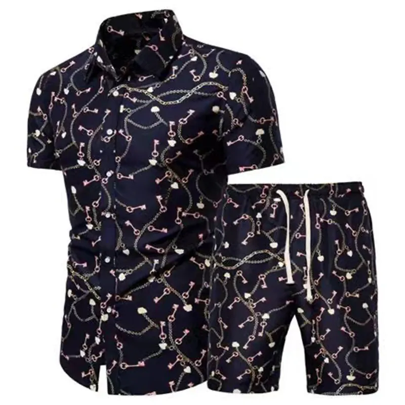 Men Shirts+Shorts Set New Summer Casual Printed Hawaiian Shirt Short Male Printing Dress Suit Sets Plus SizeM-4XL