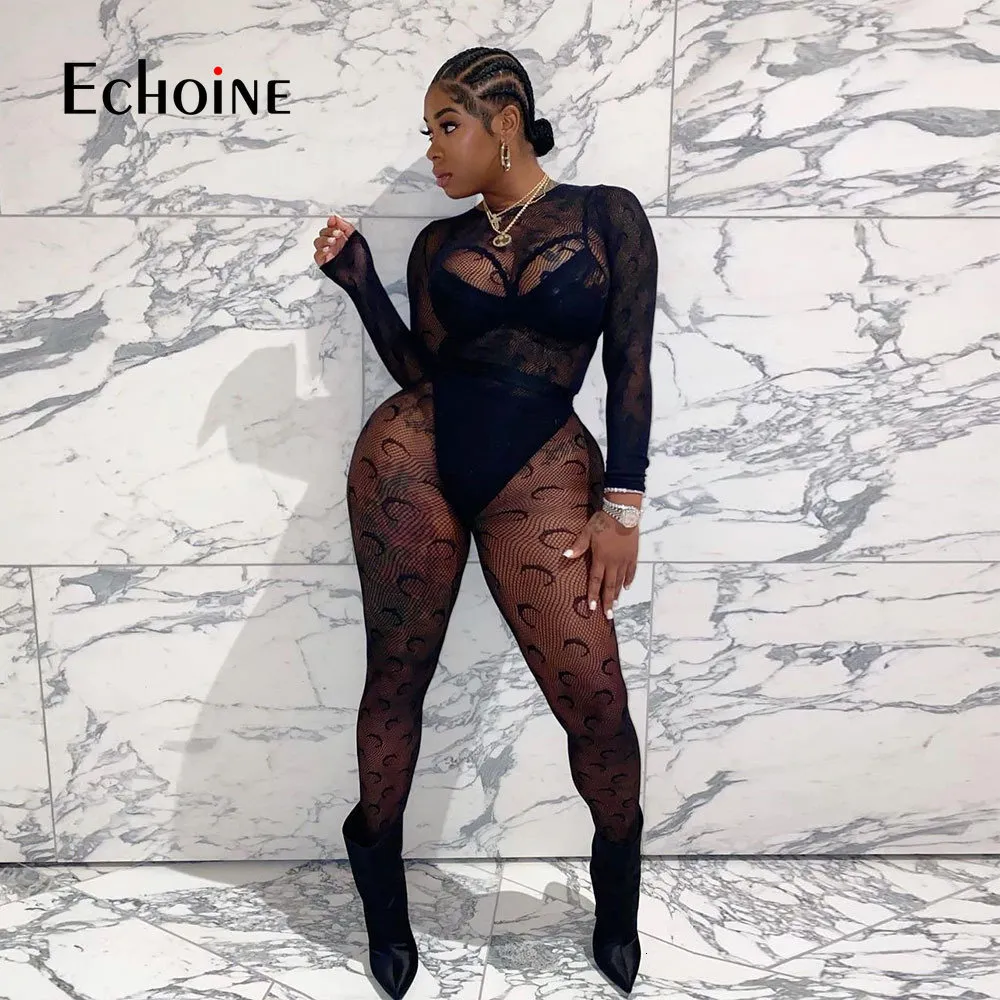 Echoine 2 Piece Set Short Sleeve Fishnet Bodysuit Pants Two Piece Set Black  Mesh See Through Sexy Outfits Tracksuit Women