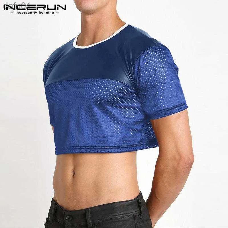 INCERUN Moda Casual Estilo Novo Men's Respirável Mesh Camiseta Crop Tops Manga Curta 2023 Patchwork Cropped T-Shirts S-5XL L230520