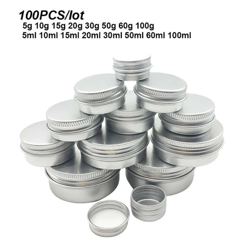 100pcsアルミニウムジャーティン5g/10g/15g/20g/30g/50g/60g/80g/100g空の化粧品フェイスケアアイクリームリップバームグロスパッケージ1qya