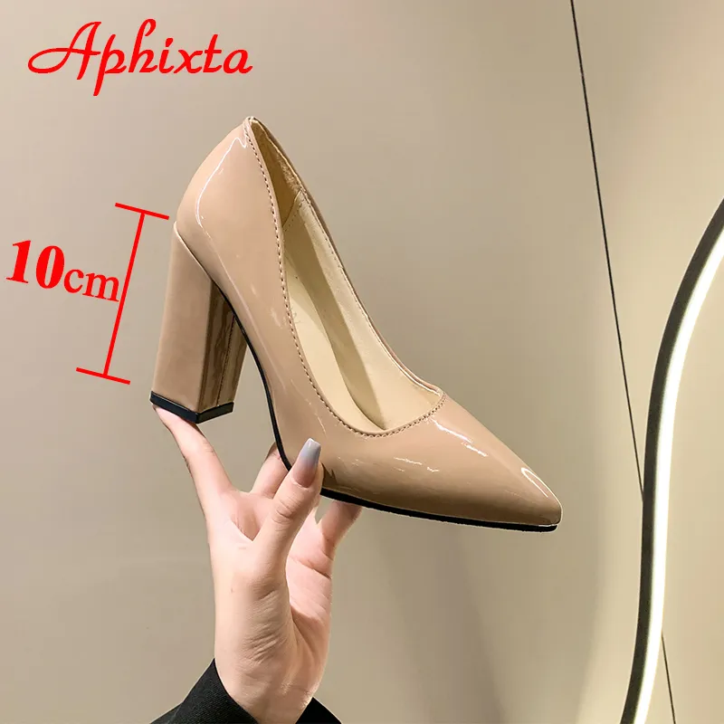 Aphixta 2023 Nieuwe 10Cm Vierkante Hakken Pumps Vrouwen Schoenen Lakleer Sexy Bruiloft Officiële Leisure Super Grote Szie 31-50