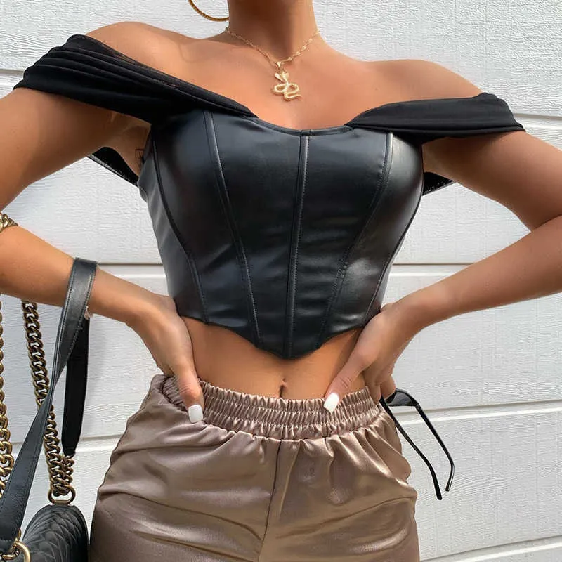 Cryptographic PU Leather Bustier Off-Shoulder Chiffon Corset