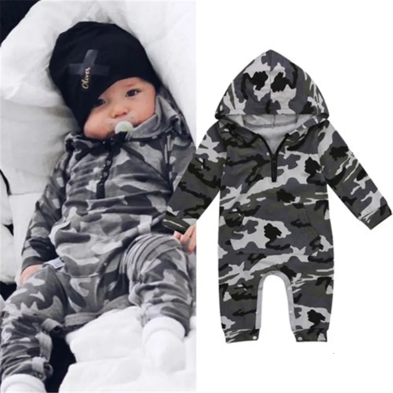 Barboteuses 0-24M Bébé Garçon À Capuche Garçon Camouflage Barboteuse Né Bébé Camo À Manches Longues Barboteuse Infant Jumpsuit Garçons Outfit Chaud Printemps Automne 230606