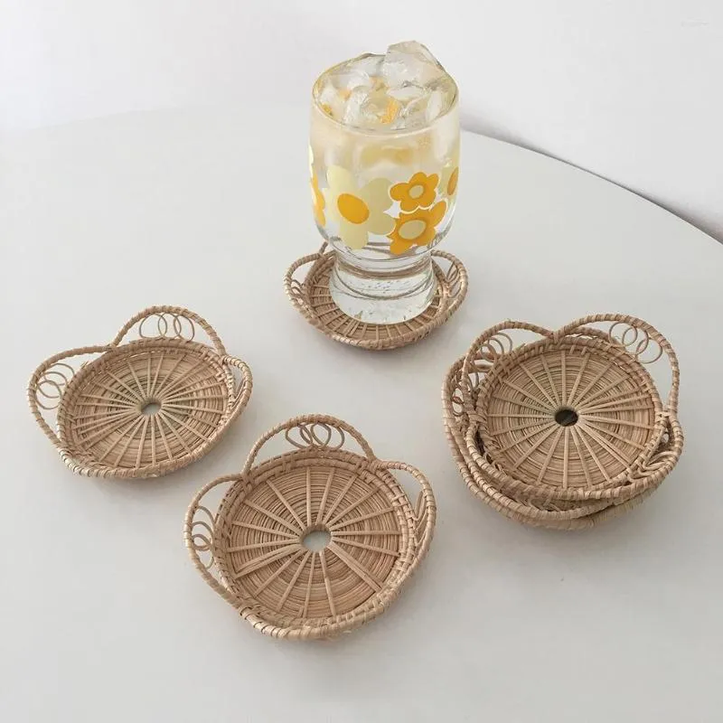 Table Mats Drink Cup Coffee Coasters Dining Placemat Rattan Handwoven Saucer Mat Non-Slip Sunflower Pot Pad Decor Accessories