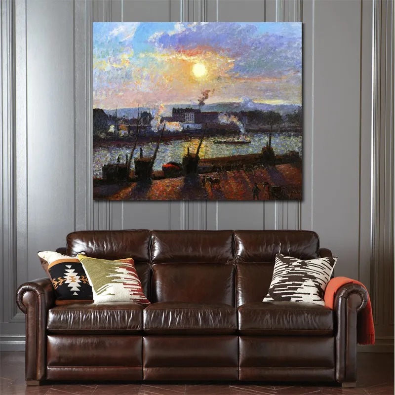 Canvas Art Camille Pissarro Målning Sunset Rouen Handmade konstverk Levande inredning för vinkällare