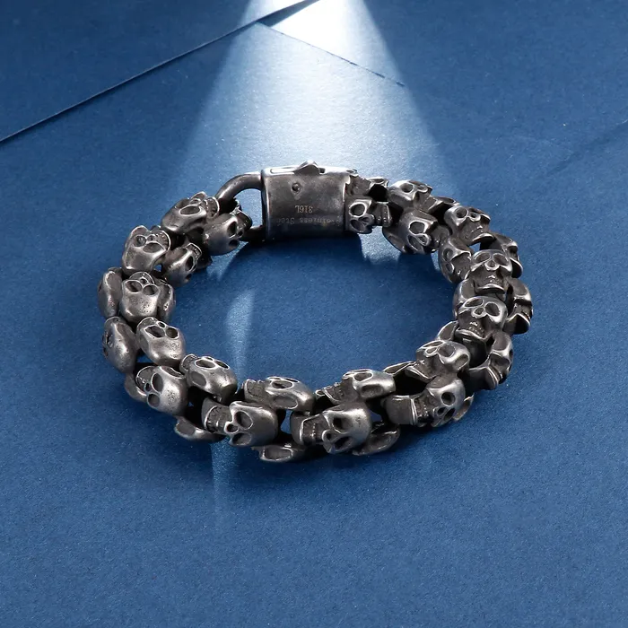 Chaîne 12/15mm Mal Fantôme Tête Crâne Chaîne Bracelet Hommes En Acier Inoxydable 316L Punk Brillant Mat Biker Rock Démon Bijoux 230606