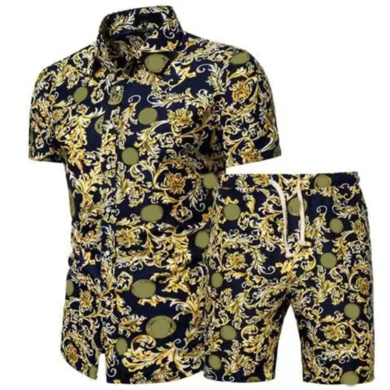 Men Shirts+Shorts Set New Summer Casual Printed Hawaiian Shirt Short Male Printing Dress Suit Sets Plus SizeM-4XL