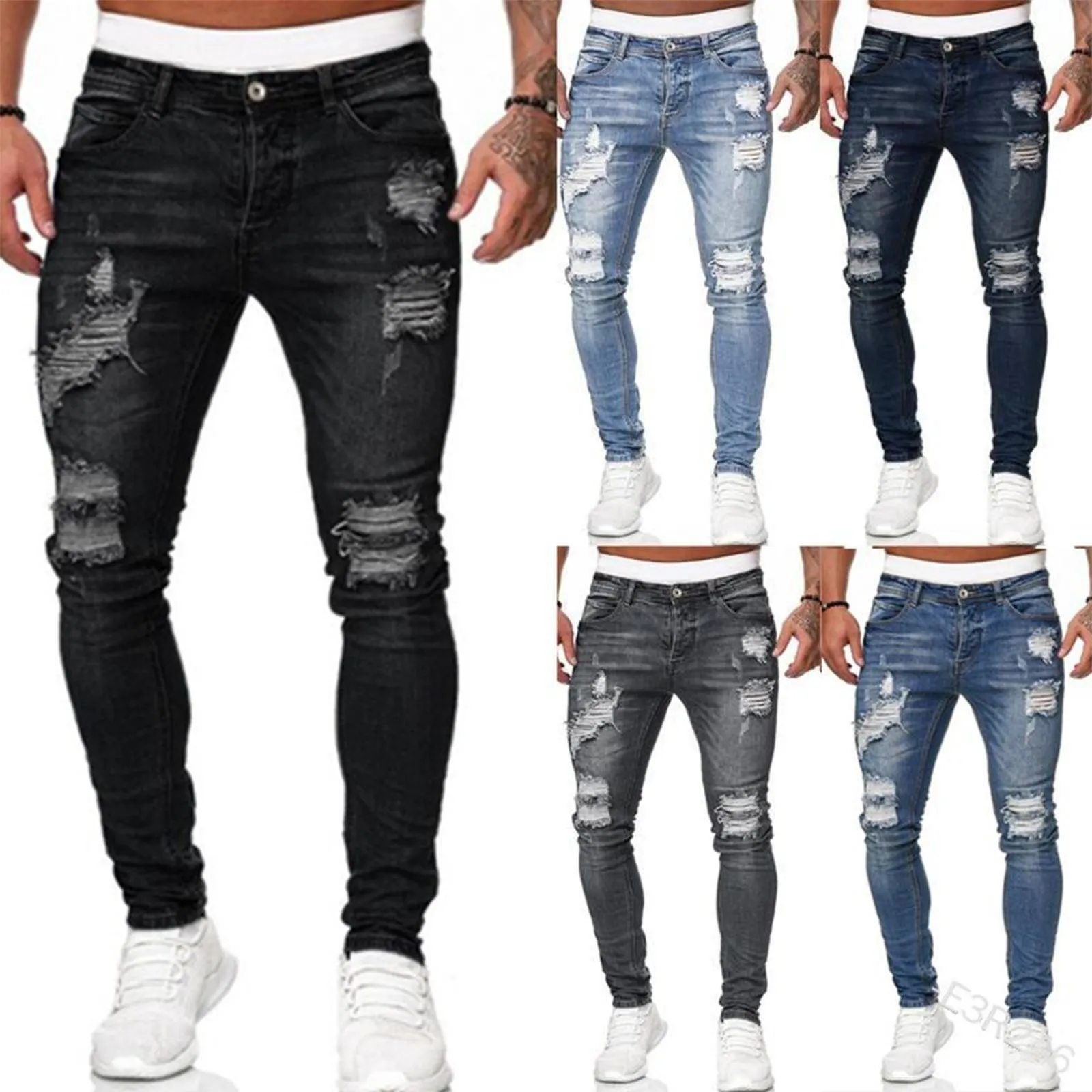 Mens Jeans män rippade hål denim byxor fickor knappen mager långa byxor mitt midja hiphop punk slimfit casual streetwear 230606