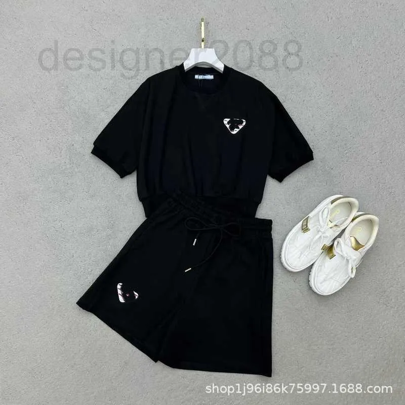 Women's Tracksuits designer Summer 2023 New Triangle Short Round Neck Waisted Sleeve Letter Embroidery Lace Up Sports Shorts Set 12CS