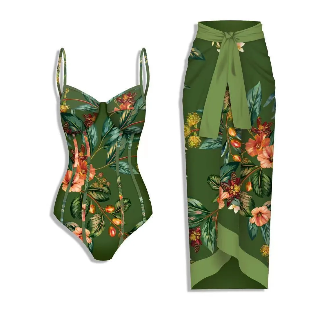 Swim Wear Lanswe Sexy High midja Green Floral 2023 Swimwear Women's Swimsuit Cover Up Set Printed Bodysuit Summer 230605