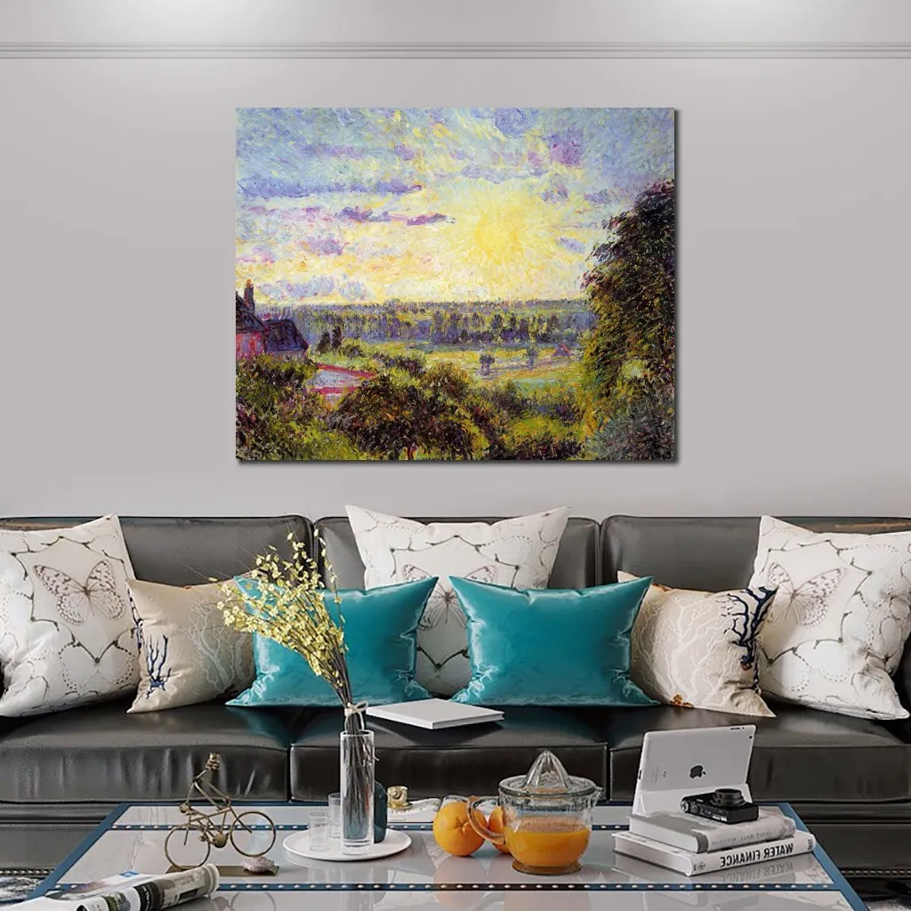 Toile oeuvre coucher de soleil à Eragny Camille Pissarro peinture à la main impressionniste paysage Art pour salle à manger