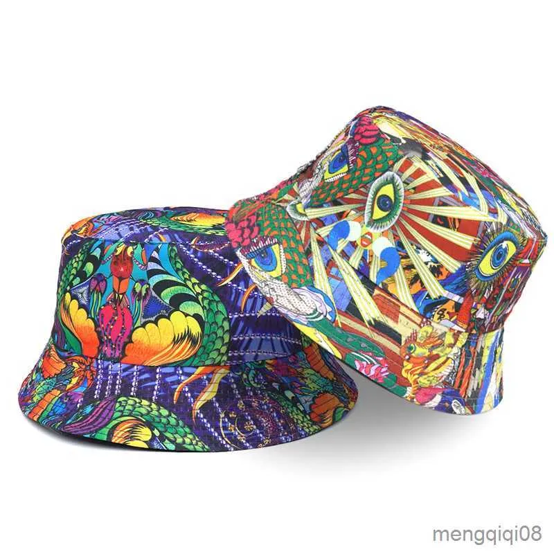 Lindbes Fashion Unisex Two Side Reversible Hat Fisherman Hat Summer Tropical Printed Fruit Pattern Pineapple Watermelon Lemon Cherry Bucket Hats