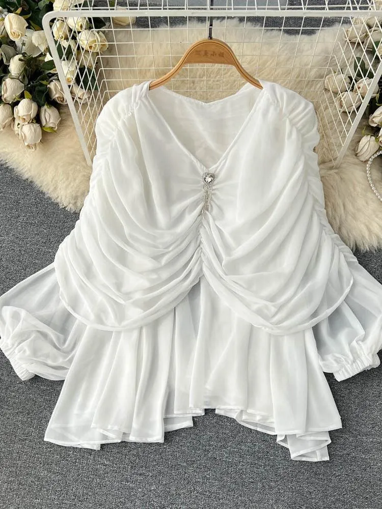 Women's Blouses French Sweet Dress Women Elegant Pleated Sexy V-Neck Irregular Short Dresses Ladies Chic Korean Chiffon