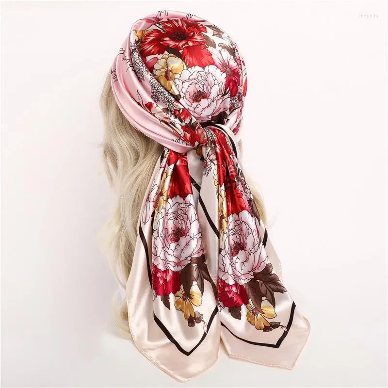 スカーフファッションカーチフ女性ヒジャーブスカーフ花柄のヘッドバンドシルクサテンネック90 90cmスクエアショールズラップバンダナヘッドスカーフ