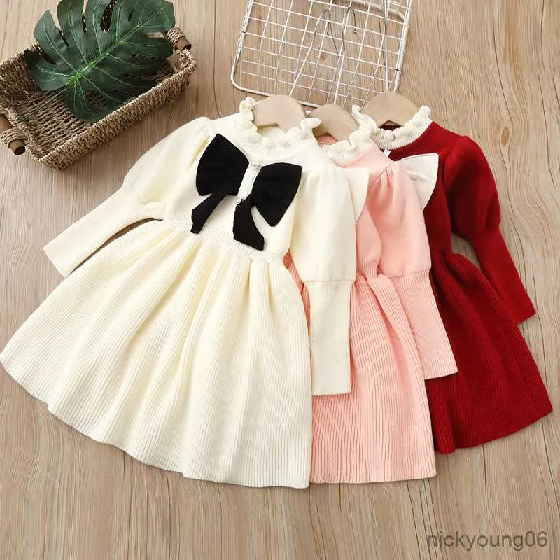 Girl's Dresses Girls 'Woolen Dress Children's Clothing Sticked Autumn Winter New Bow Fashionable Long For Baby Girls R230607