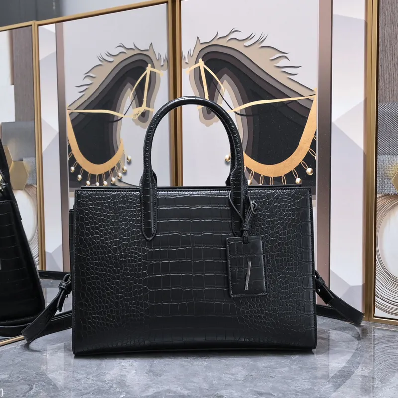 Large Capacity Tote Bag Black Crocodile Pattern Genuine Leather Designer Handbag Shoulder Bags Zipper Open Cowhide Crossbody Bags Top Quality Clutch