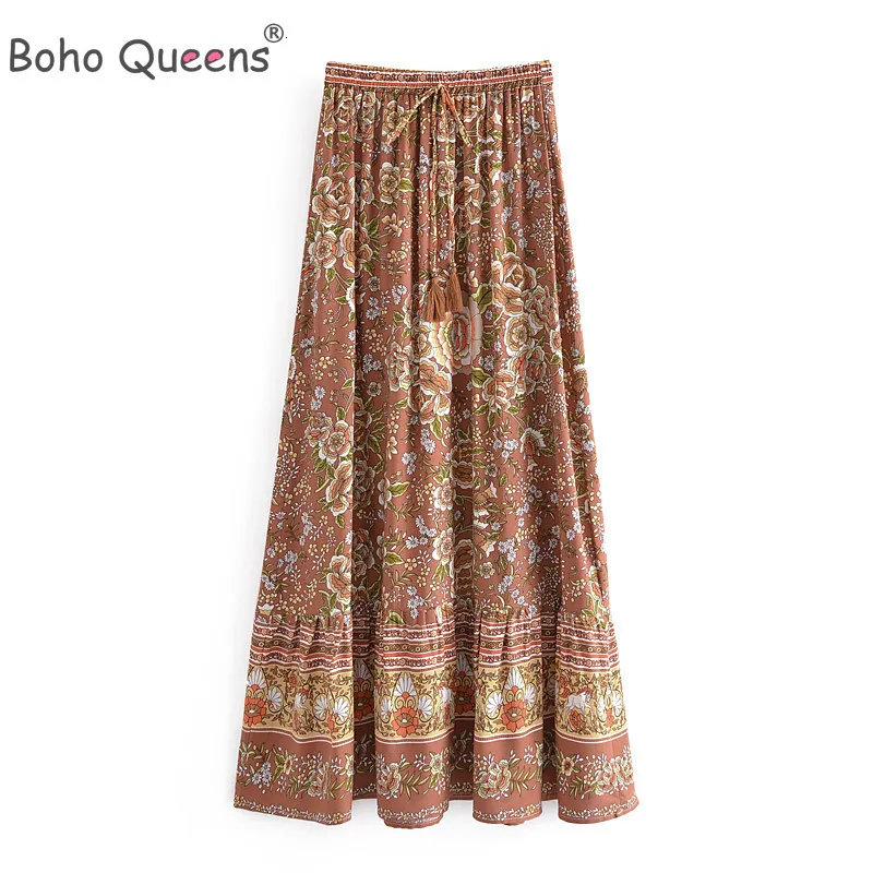 Faldas Boho Queens Hippie Mujeres Bohemio Animal Estampado floral Falda de playa Cintura alta elástica Maxi Long ALine Femme 230607