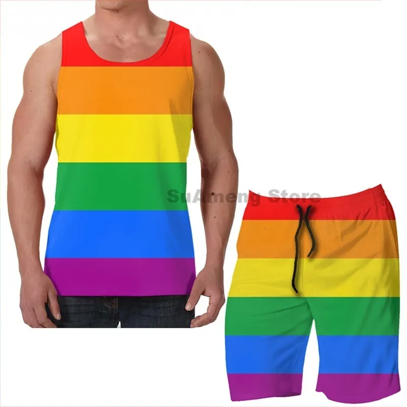 Agasalhos masculinos de verão com estampa engraçada masculina regata feminina com bandeira do orgulho gay listrado shorts de praia masculinos conjuntos de fitness colete 230607