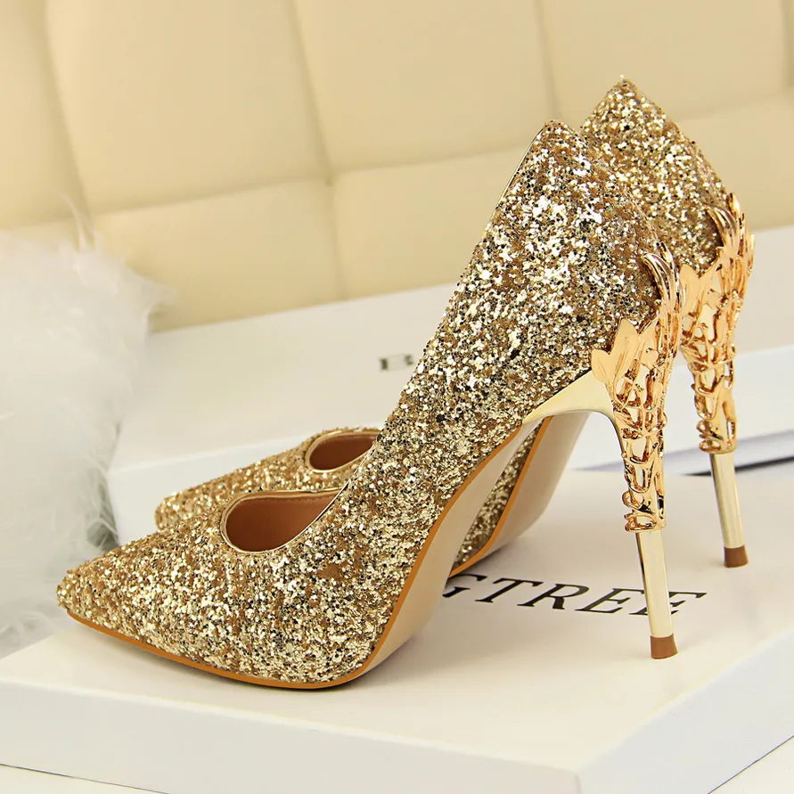 2023 Women 10cm High Heels Fetish Pumps Lady Glitter Metal Carving Wedding Bridal Heels Bling Luxury Design Party Scarpins Shoes