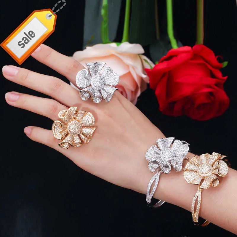 European American Hot Selling Real Gold Plated Full Zircon Flower Ring and Bangle Set