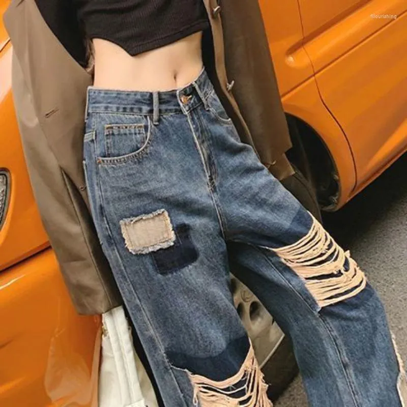 Jeans pour femmes femmes droites Denim pantalon femmes poches déchiré long Streetwear décontracté Baggy pantalon dames trou Patch Cargo G105