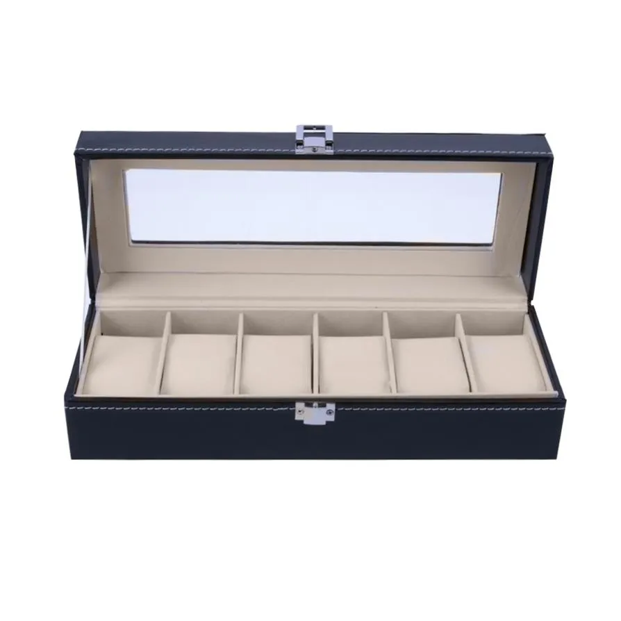 Caixa de exibição de relógio de pulso com 6 compartimentos Caixa organizadora de armazenamento de joias com capa de exibição de relógios de joias Organizador de exibição de relógios 282C