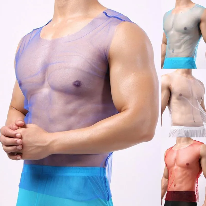 Débardeurs pour hommes vêtements de nuit Sexy maille gilet hommes voir à travers Transparent mince élastique discothèque hommes mode sans manches Strech Camisoles