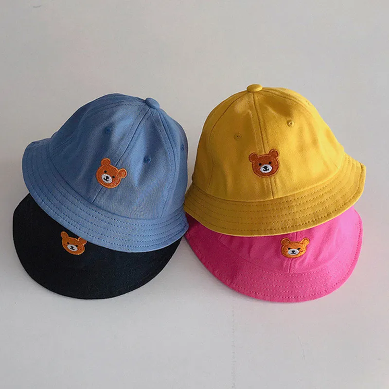 Caps Hoeden Emmer Baby Hoed Cartoon Schattige Beer Borduren Zon Hoeden Zacht Katoen Outdoor Kinderen Visser Panama Cap 230606