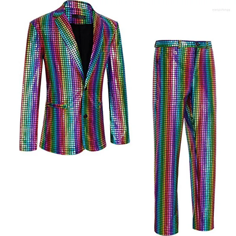 Men's Tracksuits Men's Metallic Slim Suit Two-Piece Set 70s Disco Prom Outfit Rainbow Plaid Sequin Jacket Pants Dance Christmas