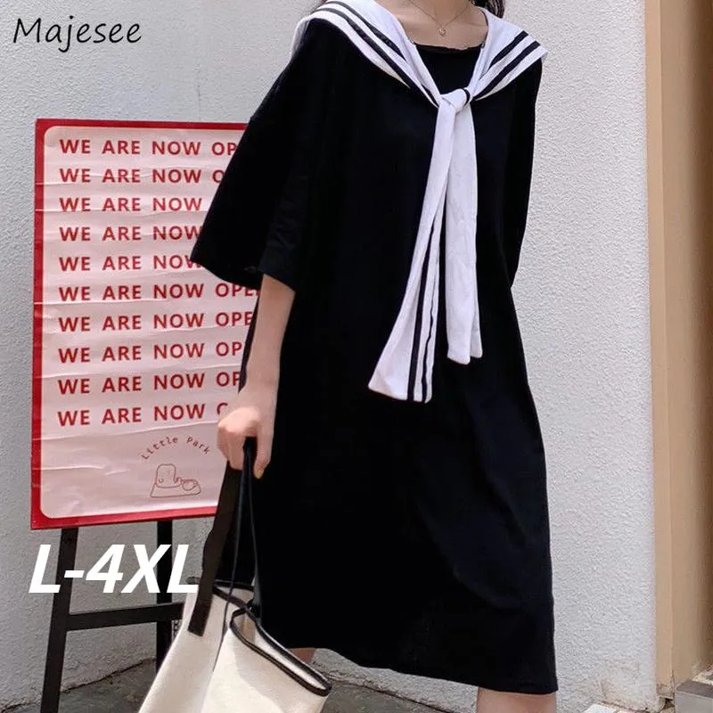 Robes Robes Femmes Vente Chaude L4XL D'été Baggy Simple Allmatch Confortable Col Marin Patchwork Étudiants Preppy Style Ulzzang Vacances