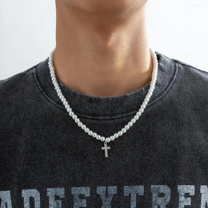 Anhänger Halsketten Vintage Imitation Perle Kette Halskette Für Frauen Gothic Acryl Kristall Kreuz Mode HipHop Männer Schmuck