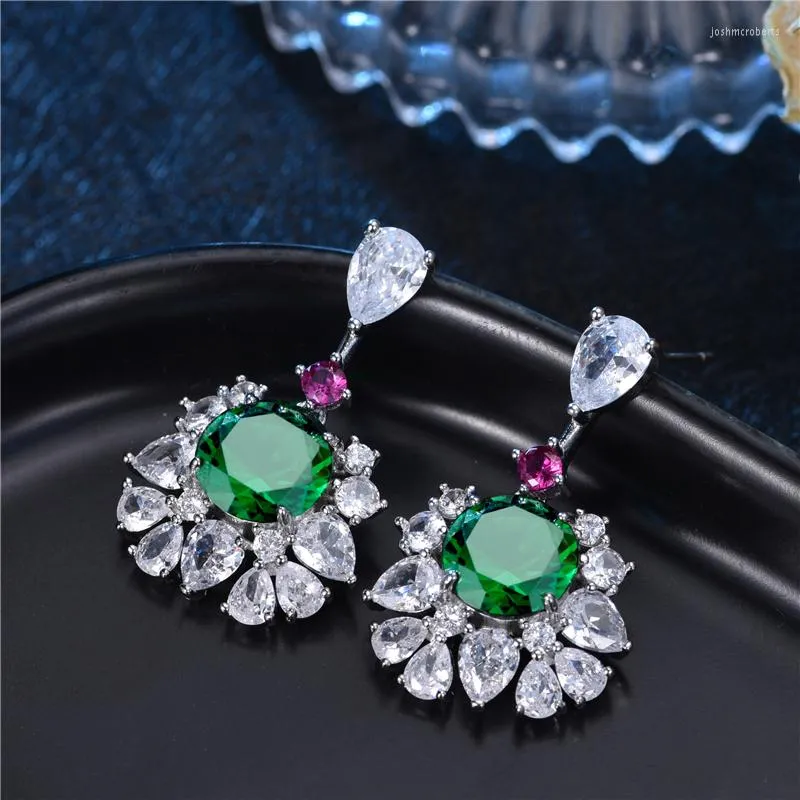 Dangle Earrings Women's Jewelry Emerald Cubic Zircon Set Vintage Flower Wedding Jewellery Zirconia Luxury Water Drop Hanging