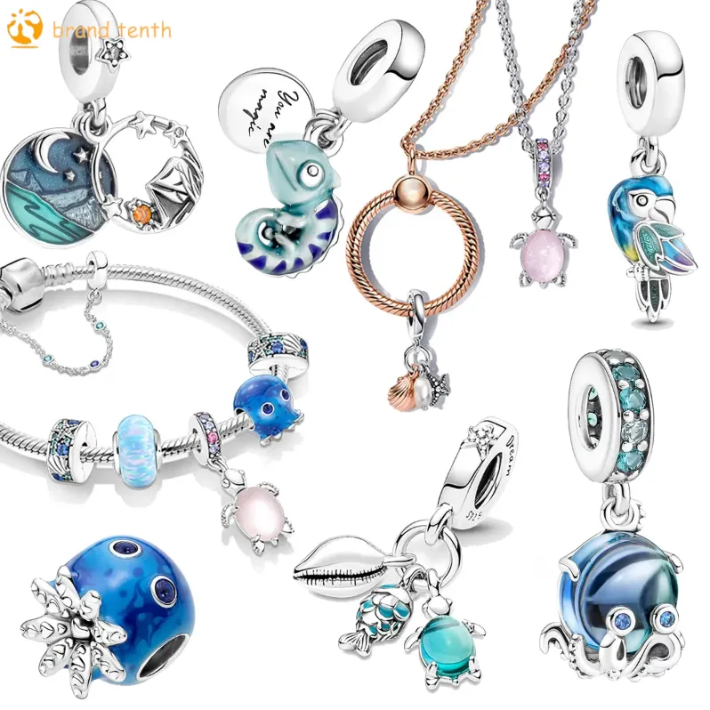 925 Sterling Silber für Pandora-Charms, authentische Perlen aus Muranoglas, rosa Schildkröten-Charm, Dschungel-Paradies-Papagei