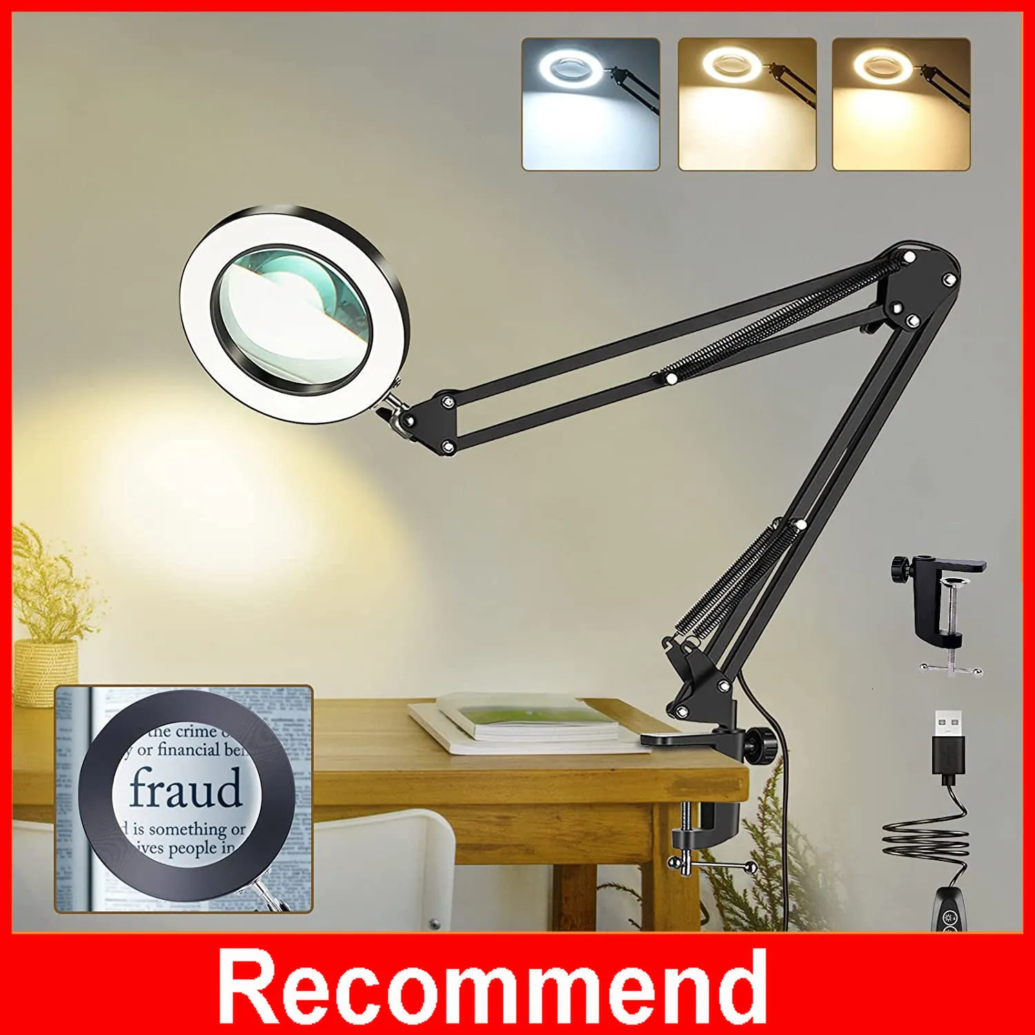 Lenti d ingrandimento Lente d ingrandimento illuminata 10X USB 3 colori 64 LED Lente d ingrandimento per riparazione saldatore lampada da