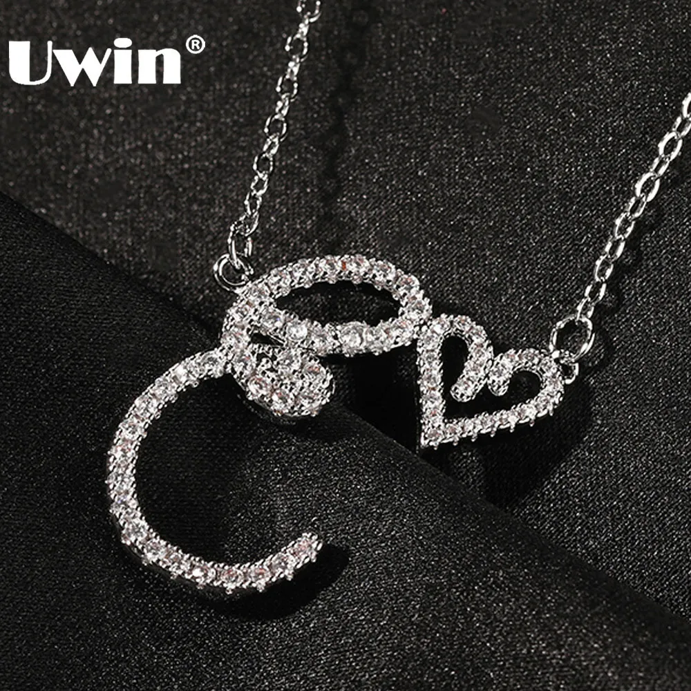 Pendant Necklaces UWIN Initial Cursive Letters with Heart Pendant Necklaces Iced Out Initial Necklace Fashion Jewelry Collier Lettre 230607