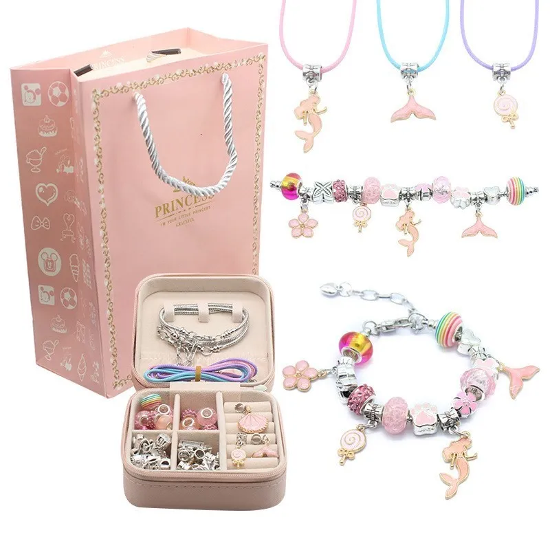 Chain Fashion Trending Products Pink Crystal Beaded Bracelet DIY Children's Bracelet Jewelry Unicorn Cute Gift Box Set 230606