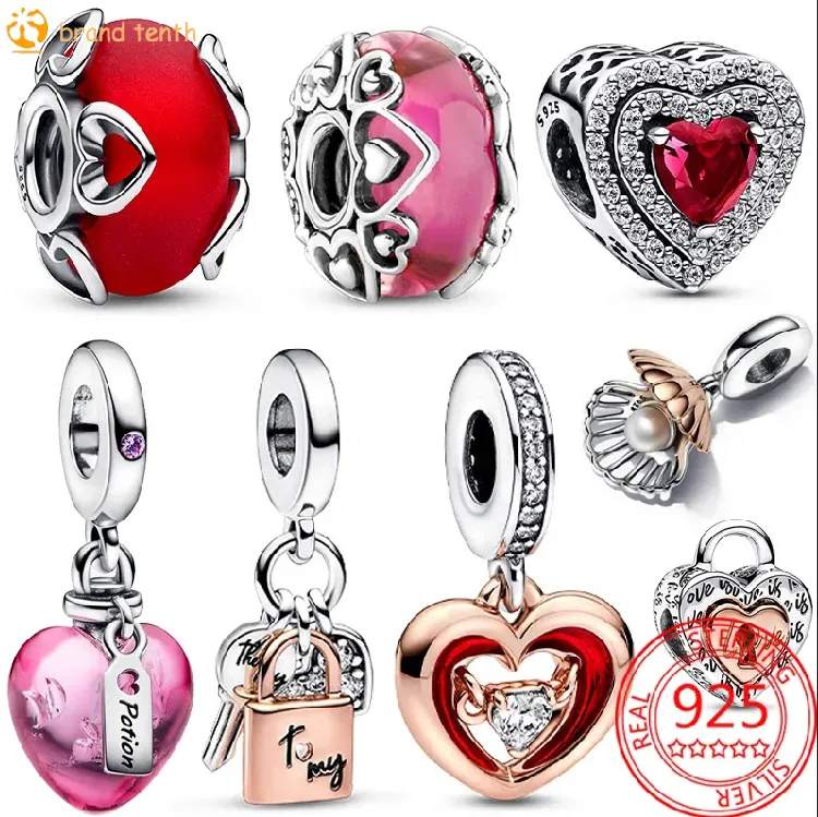 Argent sterling 925 pour les breloques pandora authentiques perles de perle Pink Love Potion Murano Glass Heart Dangle