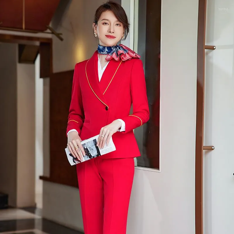 Pantaloni a due pezzi da donna Stile IZICFLY Blazer rosso coreano Imposta abiti da hostess della compagnia aerea Abiti autunnali Pantalone da donna Uniforme da ricevimento per