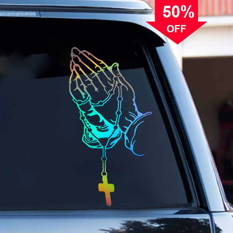 3D Car Prayer Gesture Pearl Decor Sticker God Jesus Christ Belief Auto Body Window Vinyl Decal Car Stickers Decoration for Cars Trucks SUVs